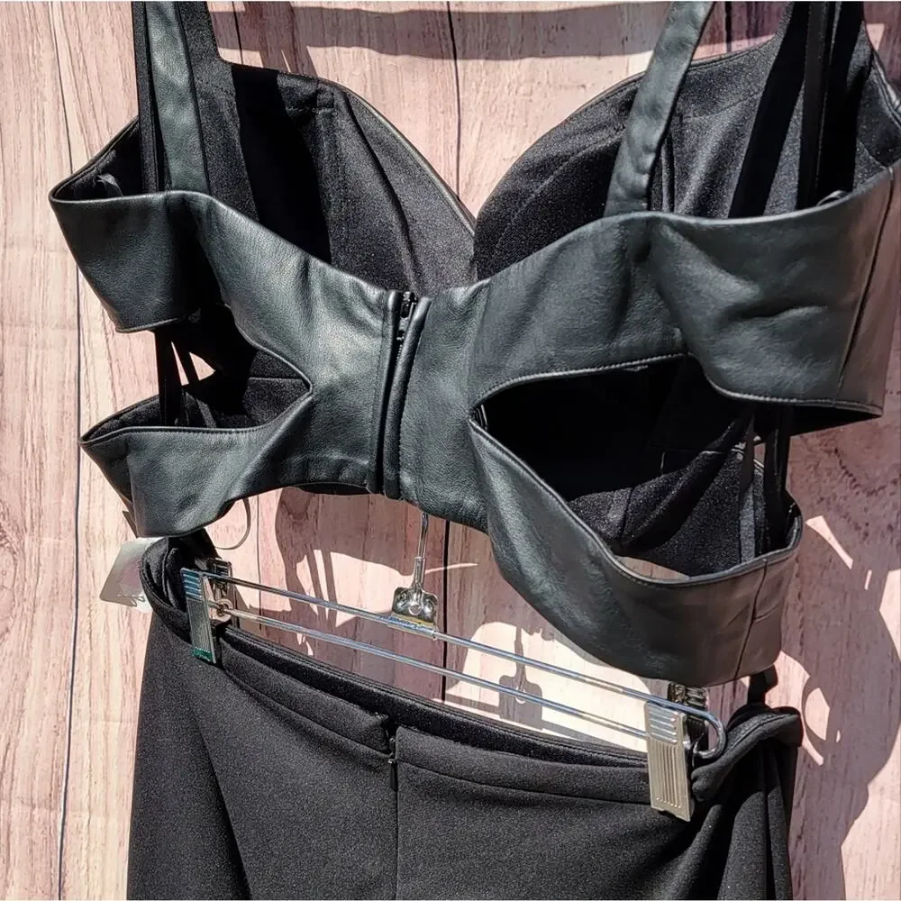 NWT La Femme Black Leather Crisscrossed 2 Piece Gown, Sz 10 - Picture 5 of 10